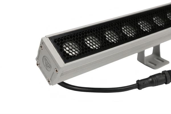 Close-up of a linear wall washer with a honeycomb louver